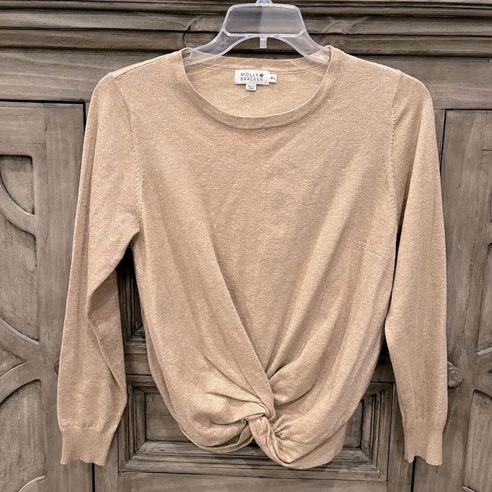 NWOT Women’s MOLLY BRACKEN Gold Shimmer Knotted Sweater Top (Medium/Large)